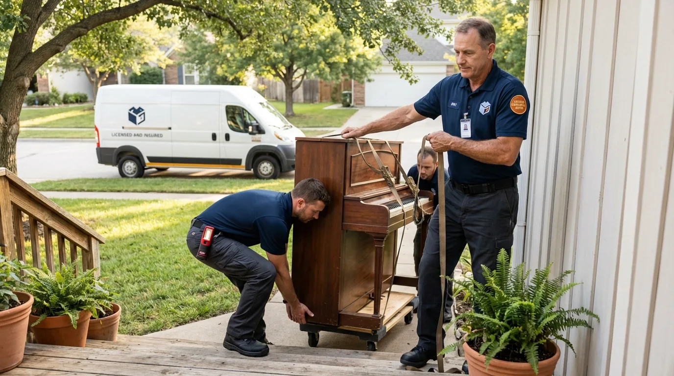 Licensed piano movers securing grand piano in Towanda, PA