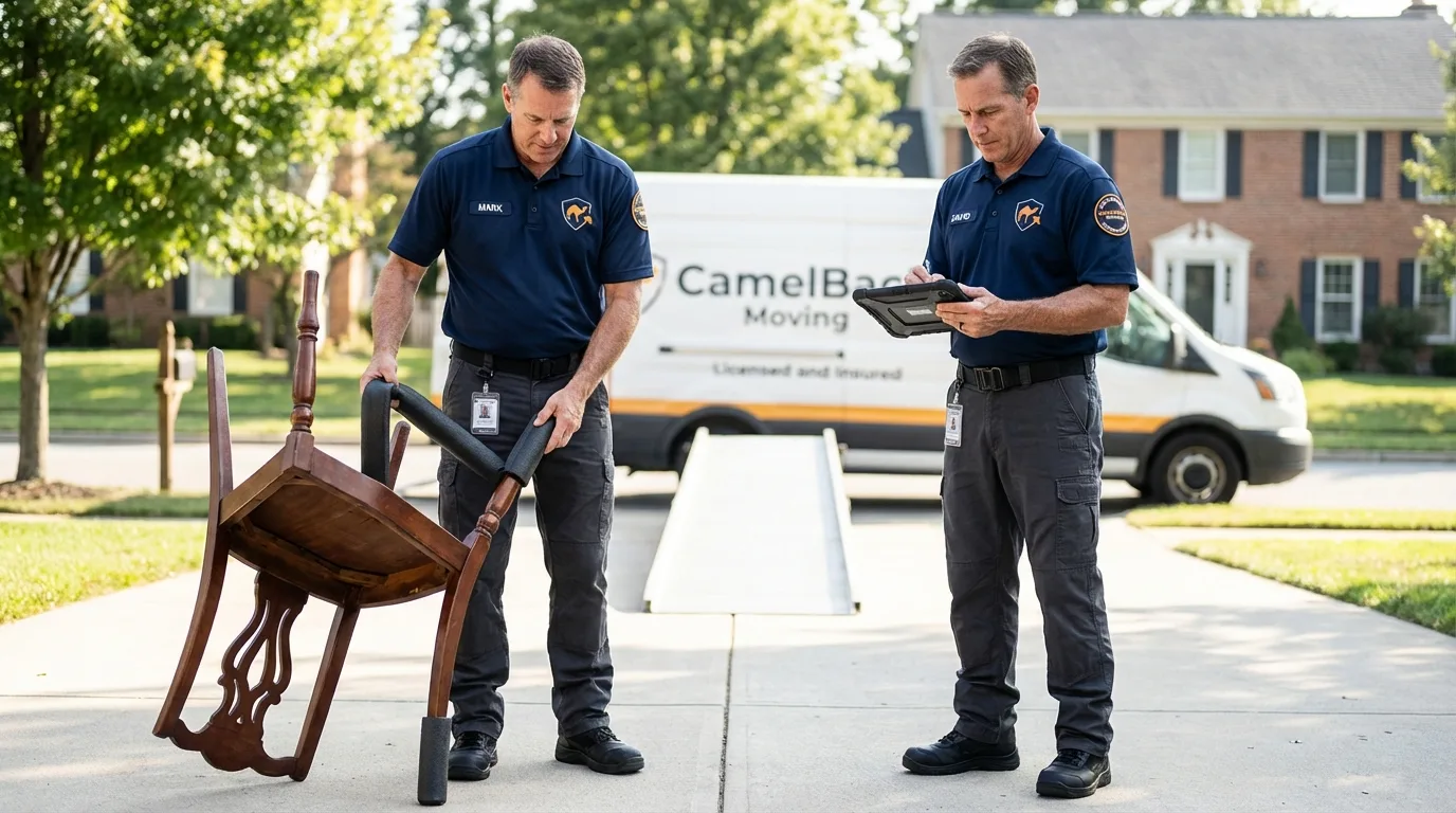 Movers inspecting furniture for damage prevention before loading in Towanda, PA