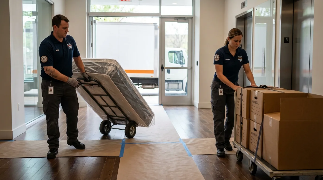 Professional apartment movers loading elevator in Towanda, PA