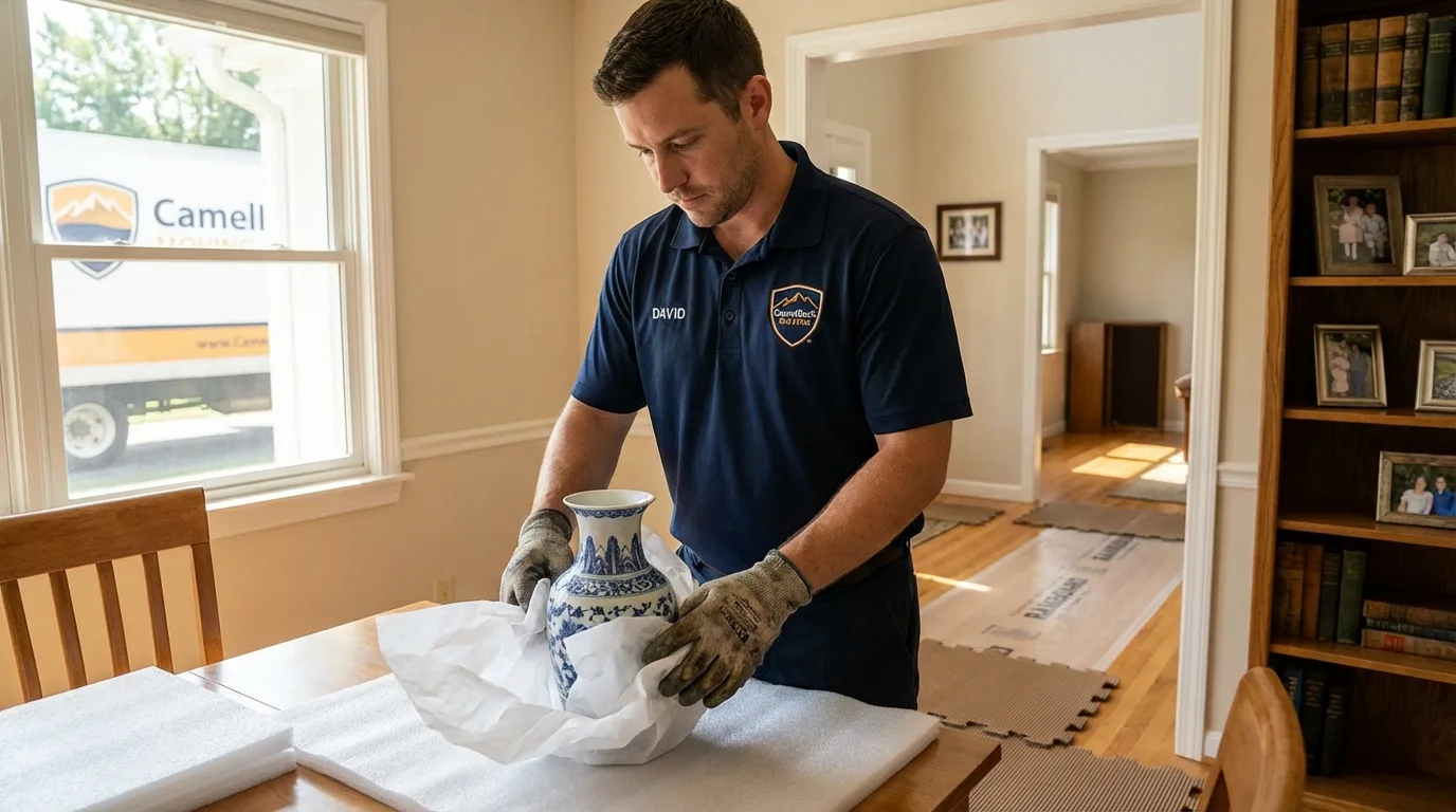 Professional crew carefully wrapping antique vase for senior downsizing move in Towanda, PA